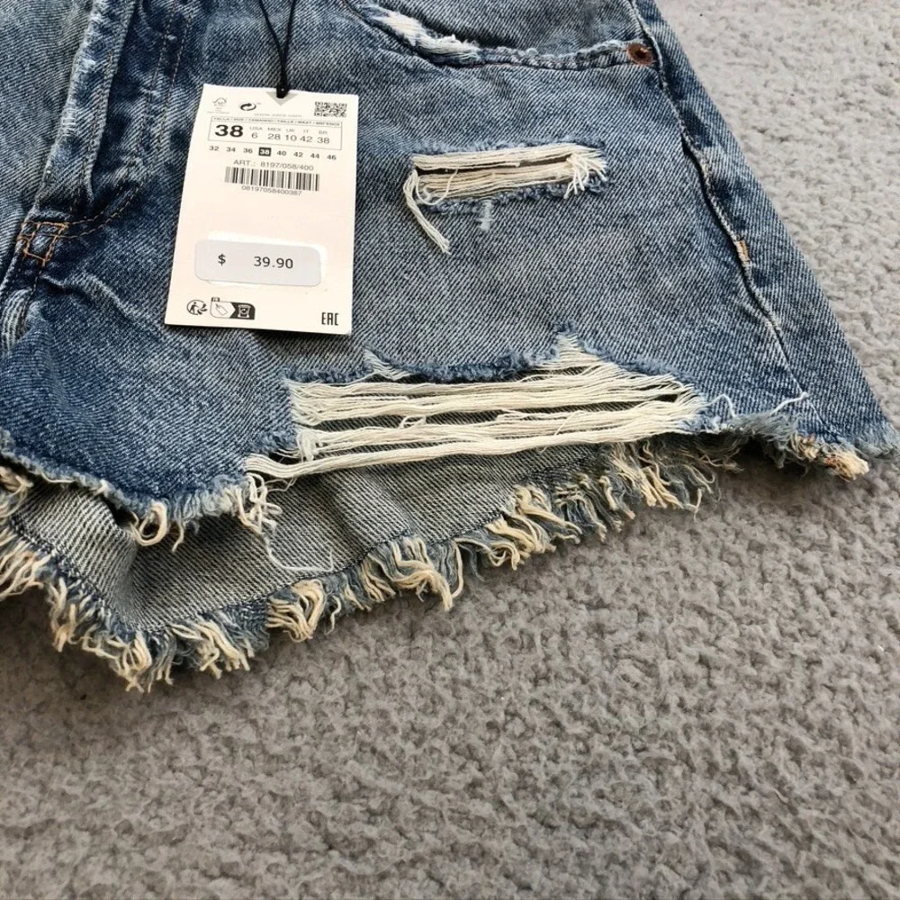 Zara Distressed Cut Off Jean Shorts Womens 38 6 Blue Denim Festival Ripped Beach